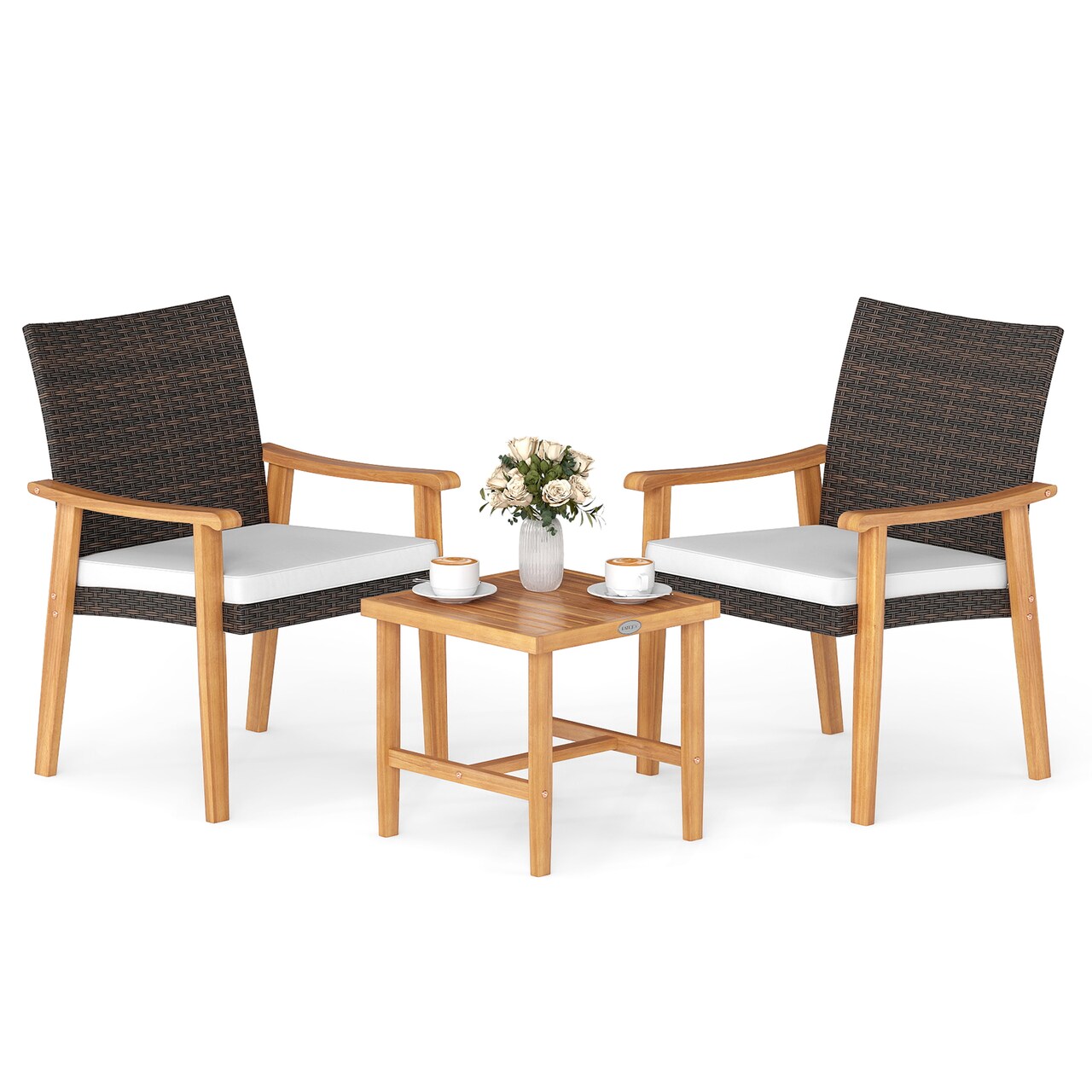 3-Piece Outdoor Bistro Set – PE Wicker with Acacia Wood Table and Chairs